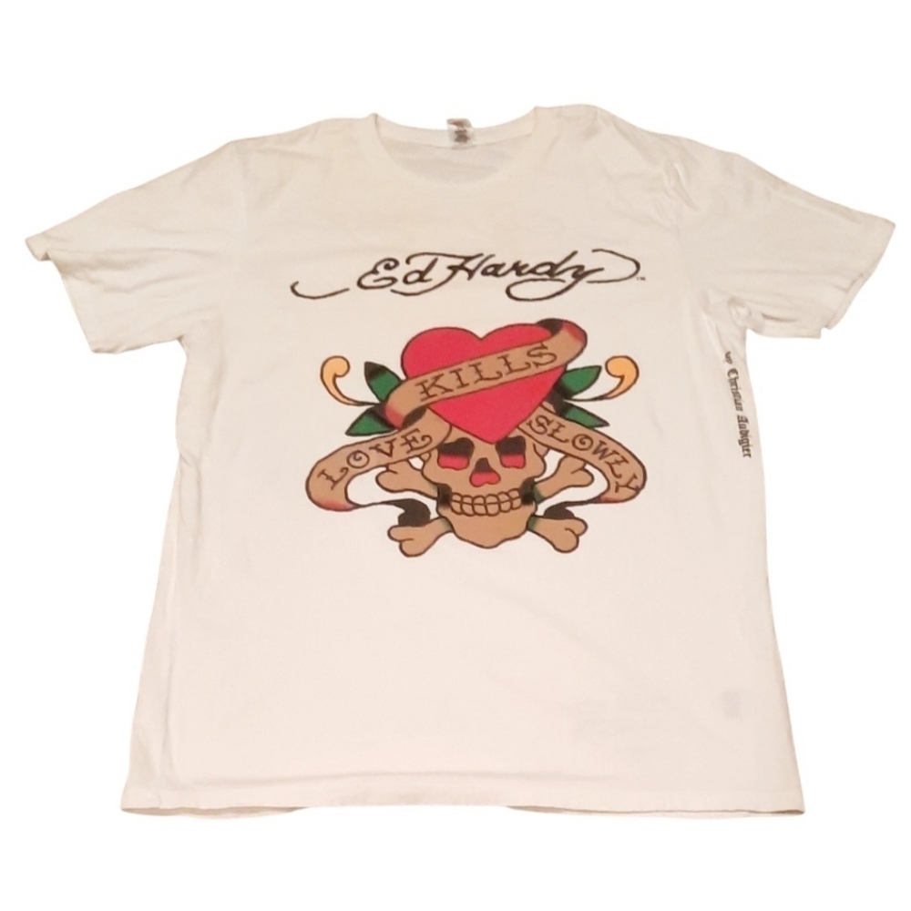 VTG Ed Hardy Love Kills Slowly Shirt Mens 2XL White Tattoo Skull Heart Graphic